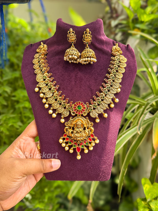 Pearl highlighted Lakshmi necklace set with jhumka