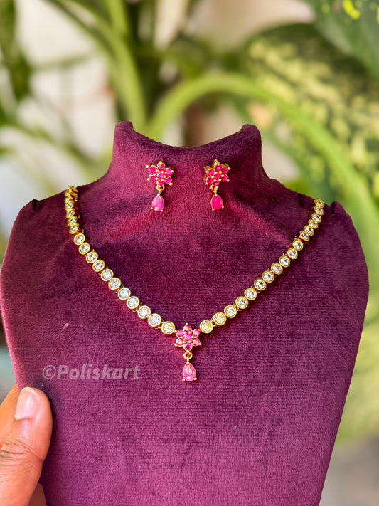 Diamond finished ruby and white flower stone neacklace with earing