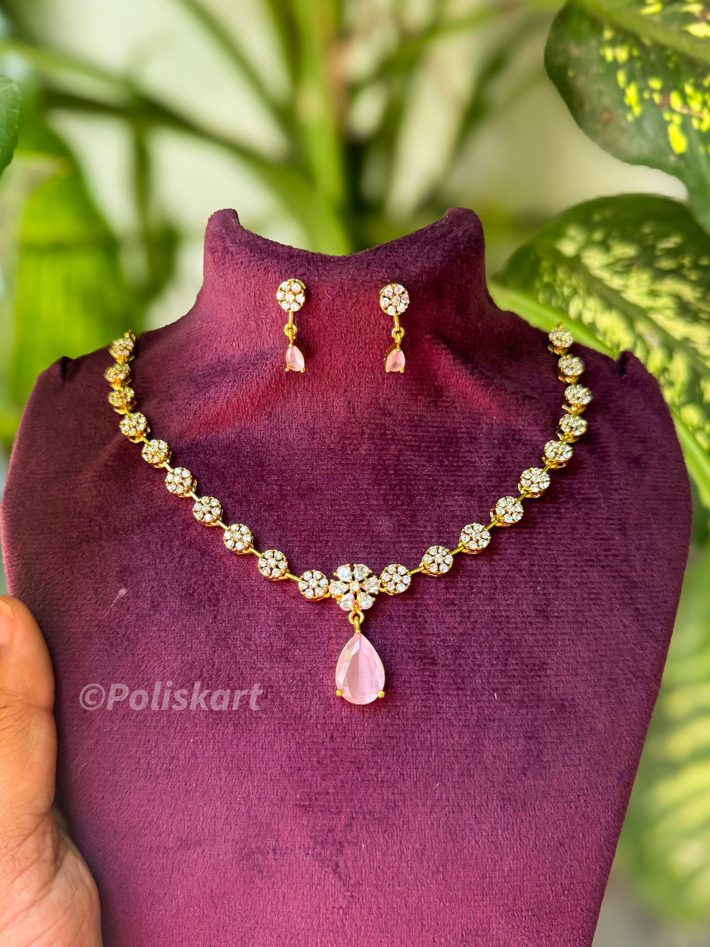 Daimond finished pink and white stone worked necklace with earing