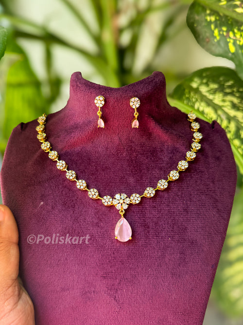 Daimond finished pink and white stone worked necklace with earing