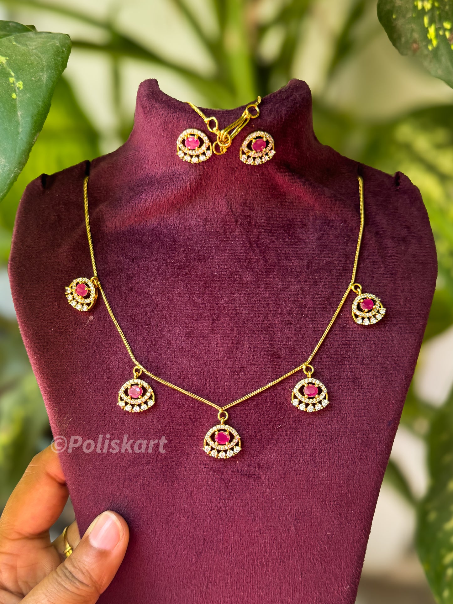 Simple ruby and white stone worked necklace with earing