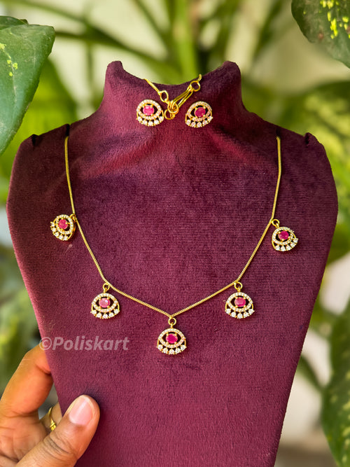 Simple ruby and white stone worked necklace with earing