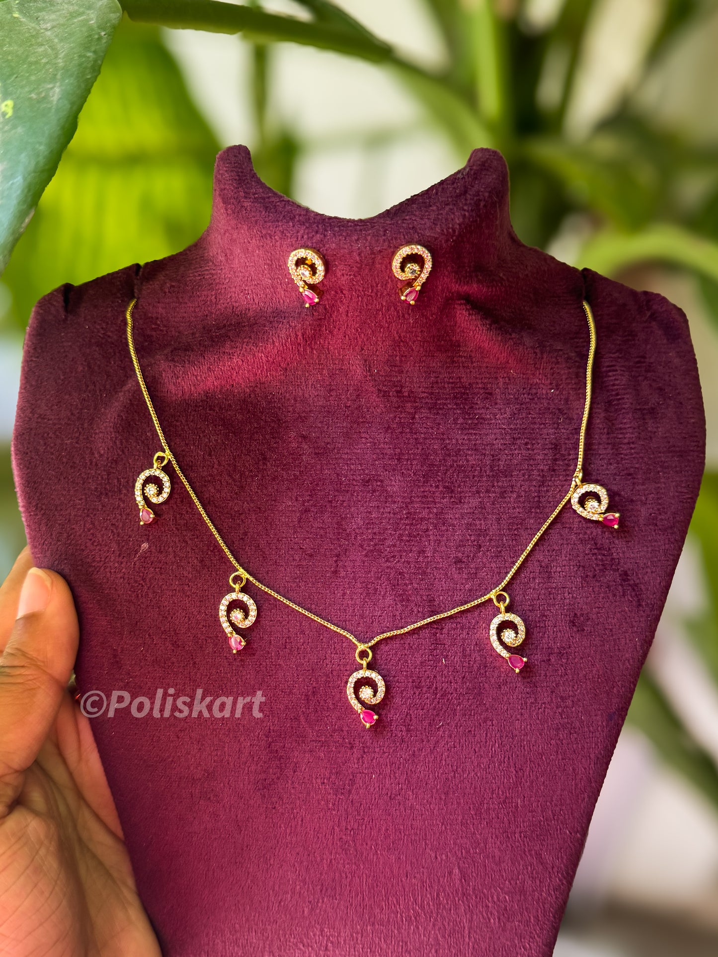 Simple ruby and white stone necklace with earing