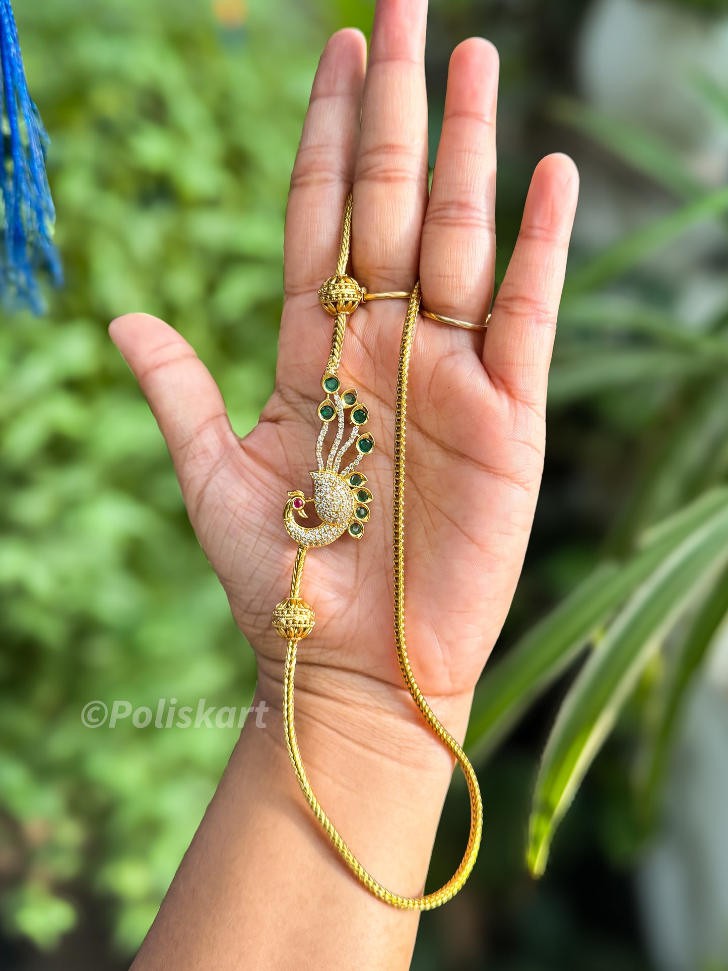 Green and white stone peacock mugappu chain