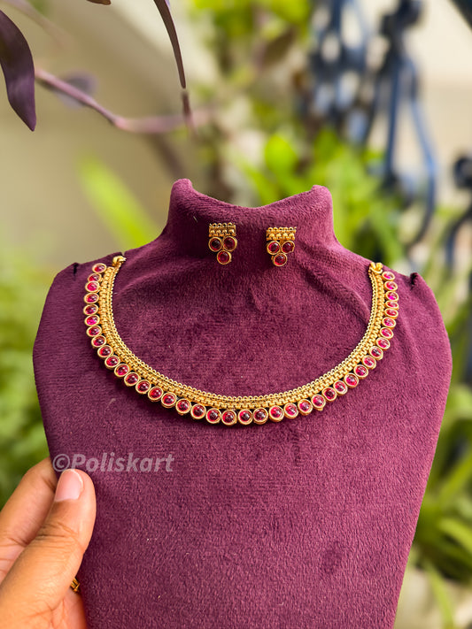 Simple rubi stone worked necklace with earring