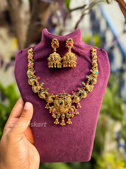 Peacock and stone designed necklace with jhumka set