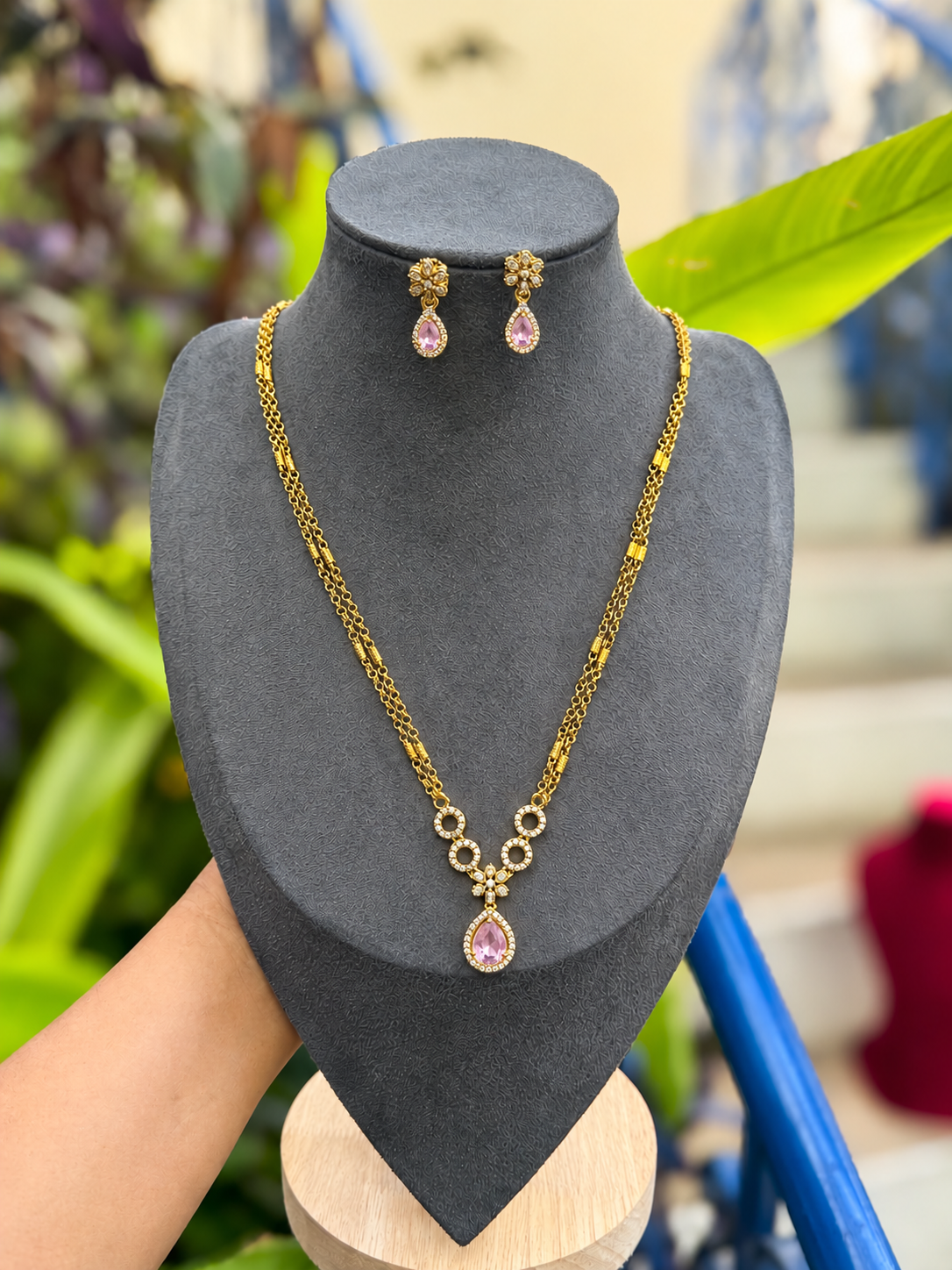 PK264 - Double layer chain with pink stone pendant and earring set