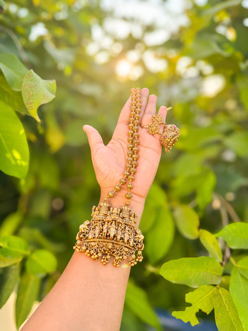 Premium temple theme based short haram with jumka set
