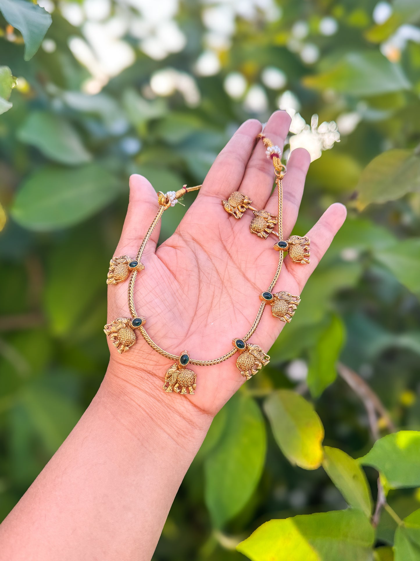 Green stone worked elephant necklace with earing