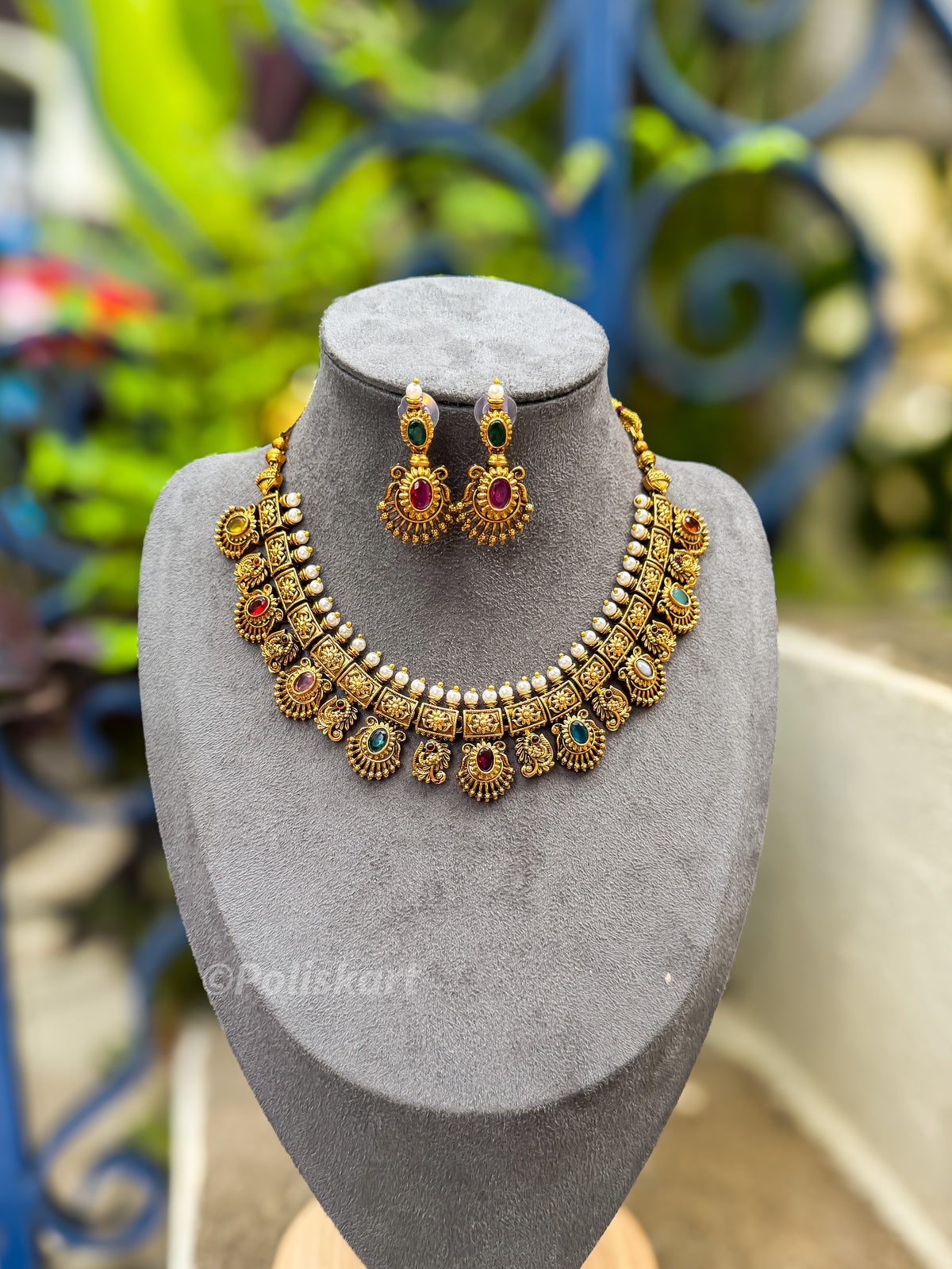 PK270 - Trending Multi stone worked necklace with earring set