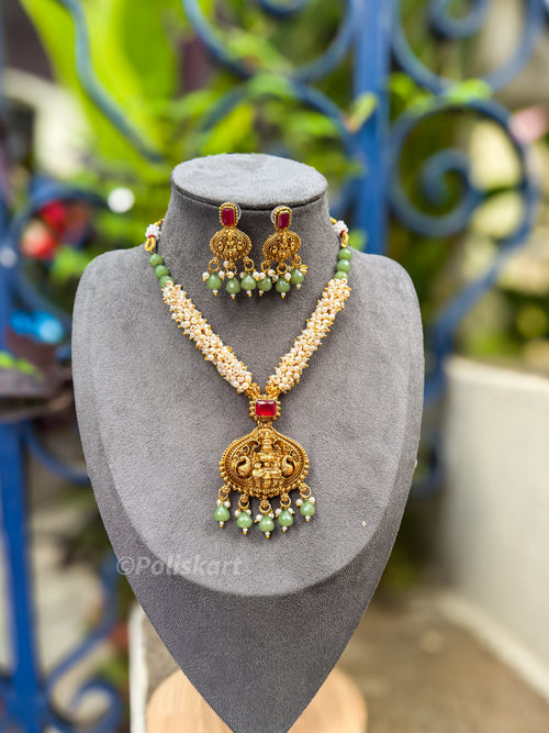 PK272 - Heavy pearl worked Lakshmi necklace and earring set