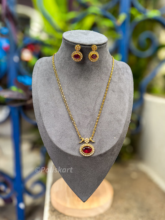 PK271 - Rubi stone worked pendant with chain and earring set