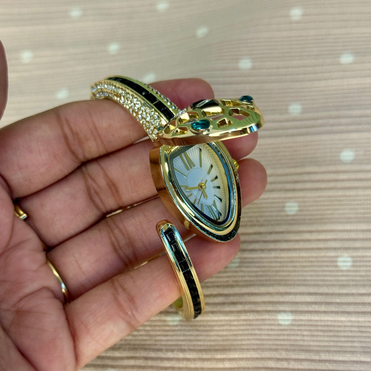 PK288 - Free size openable snake  watch white and green stone worked design