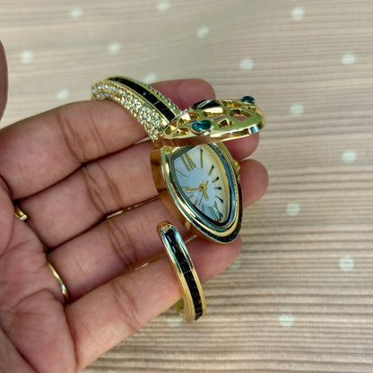 PK288 - Free size openable snake  watch white and green stone worked design