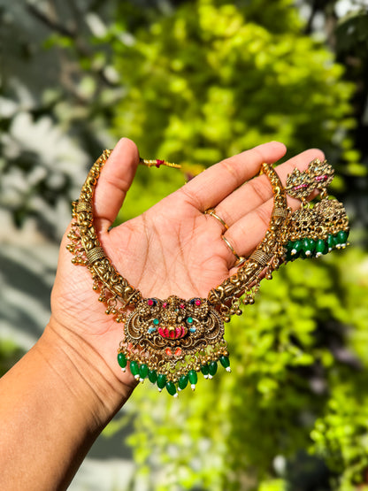 Trending color designed Lakshmi necklace with jumka set