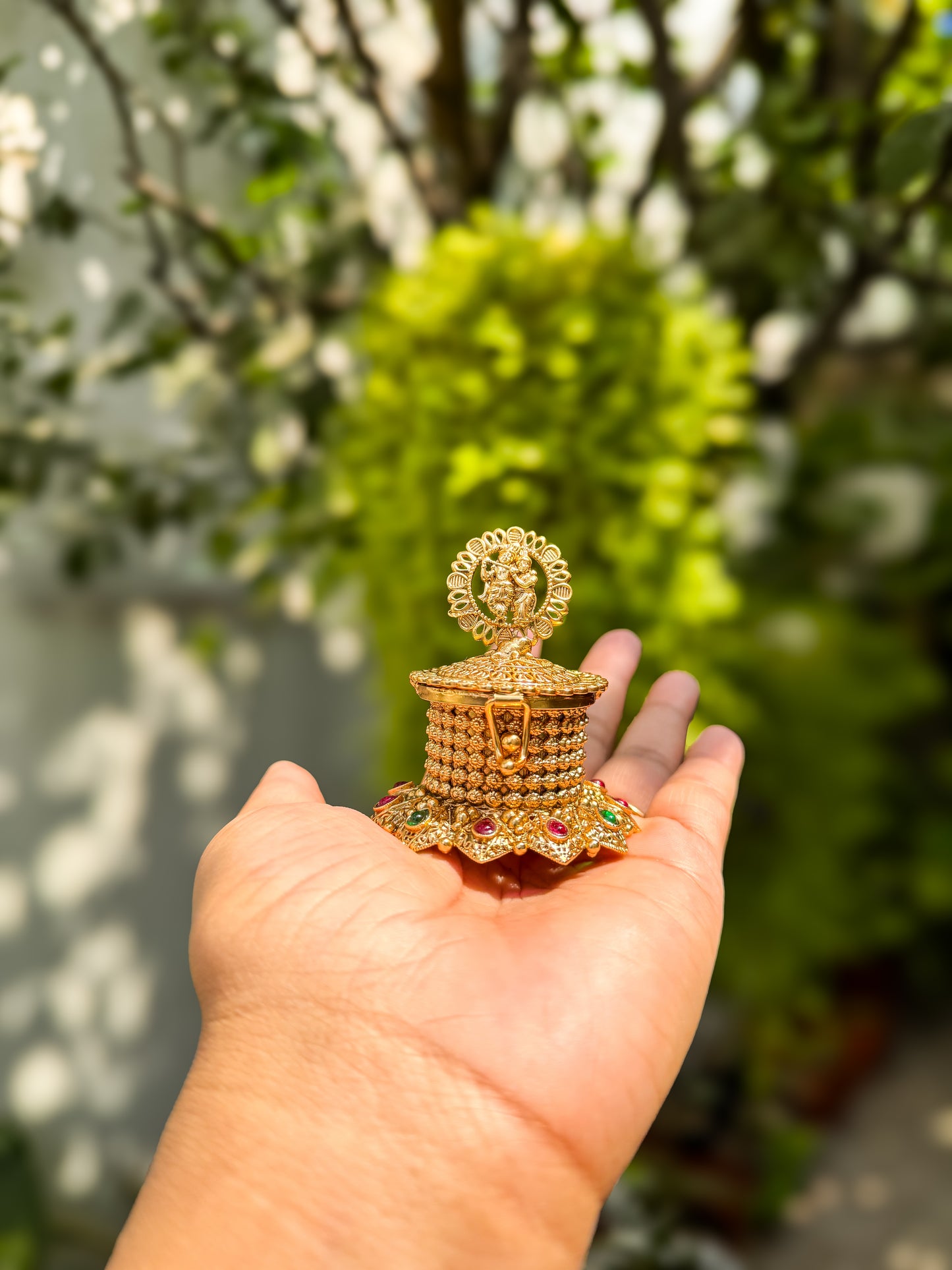 Premium antique kumkumacheppu - Stone and Krishna & Radha designed