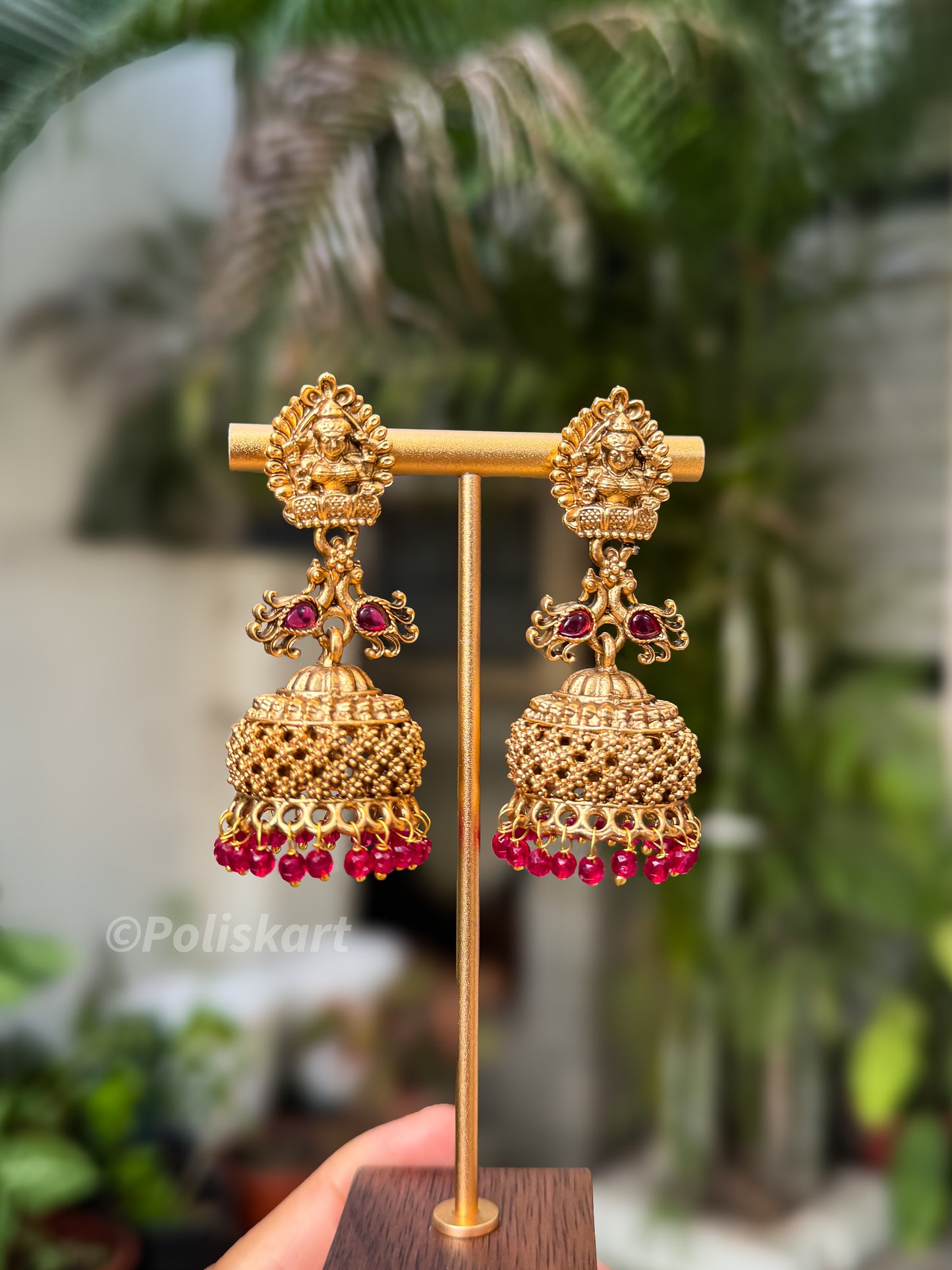 Simple lakshmi pink stone worked jhumka set