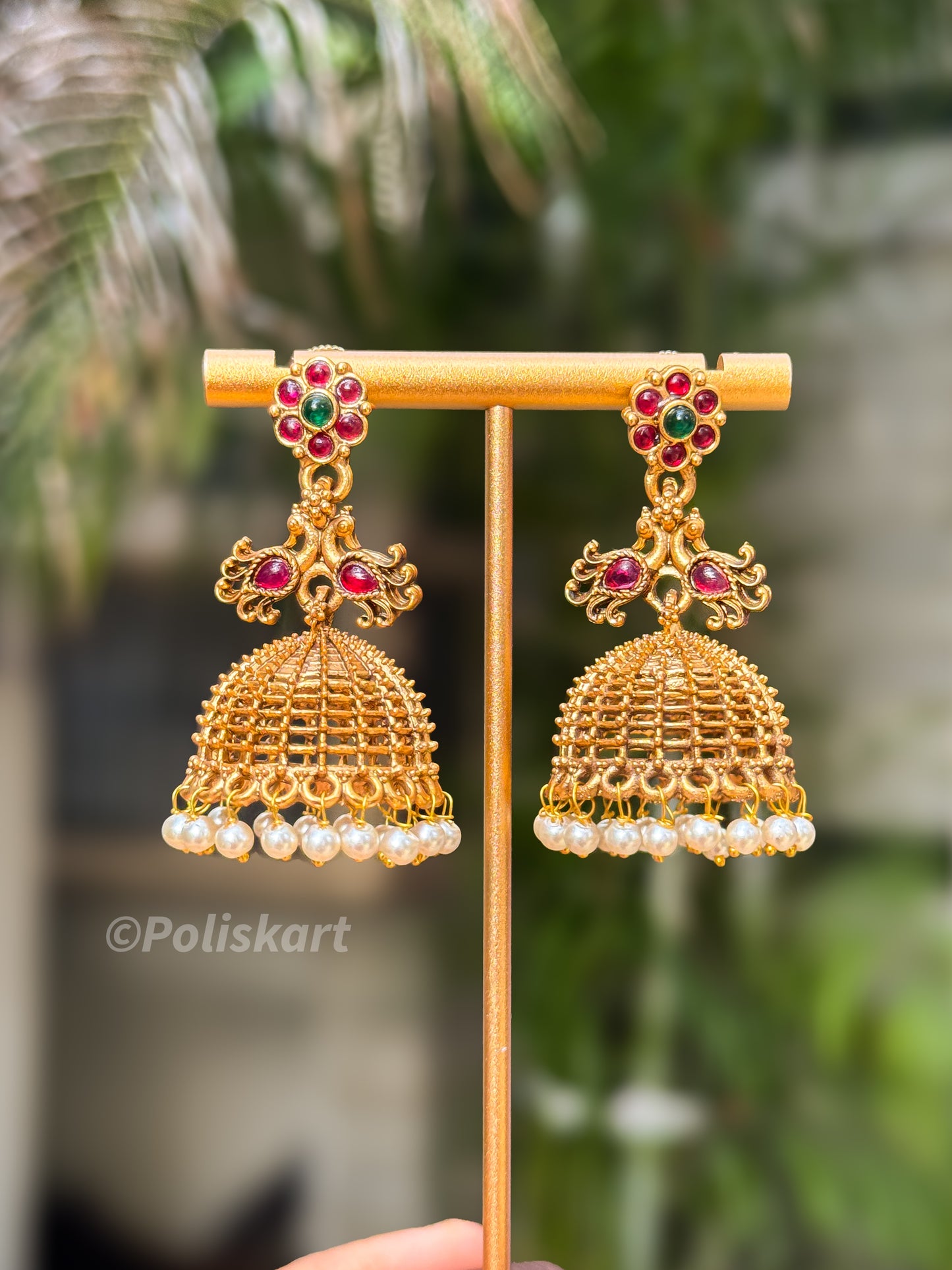 Peacock design Stone worked Jhumka set