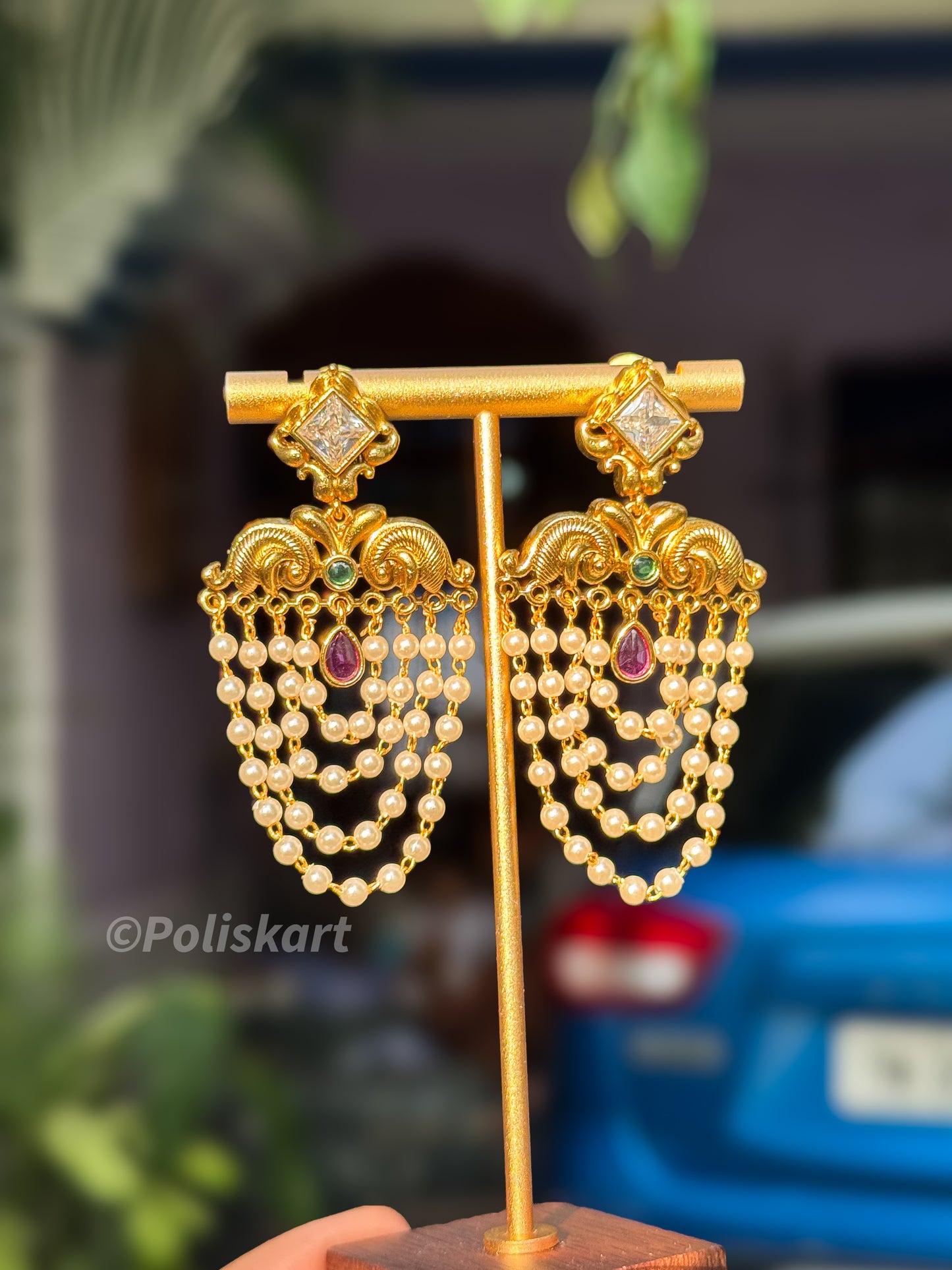 Trending green and ruby stone pearl hanging earing set