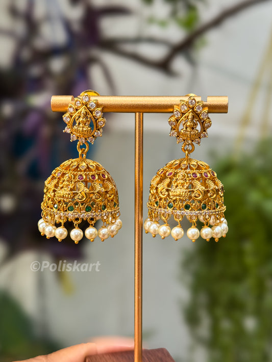 White stone worked lakshmi pearl jhumka set