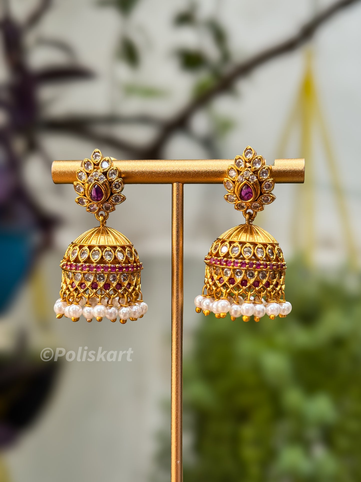 Pink and white stone simple pearl jhumka set