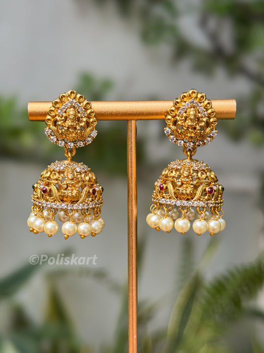 White small stone worked lakshmi jhumka set