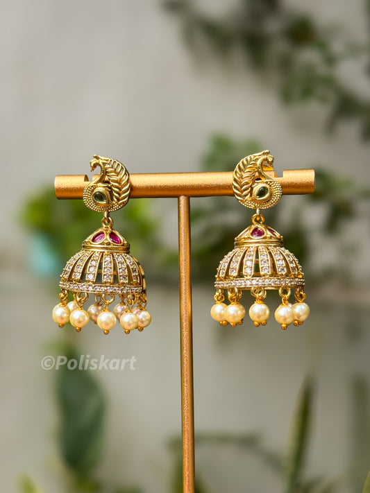 White stoned worked green and ruby peacock jhumka set