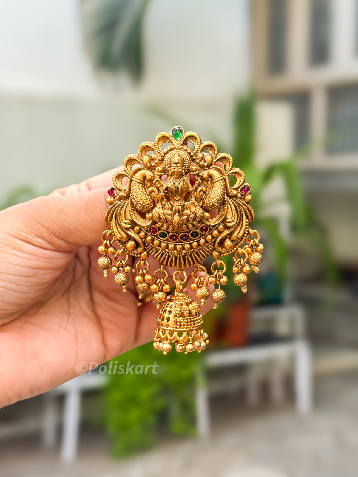 PK292 - Hair brooch - Golden beads Peacock Lakshmi design