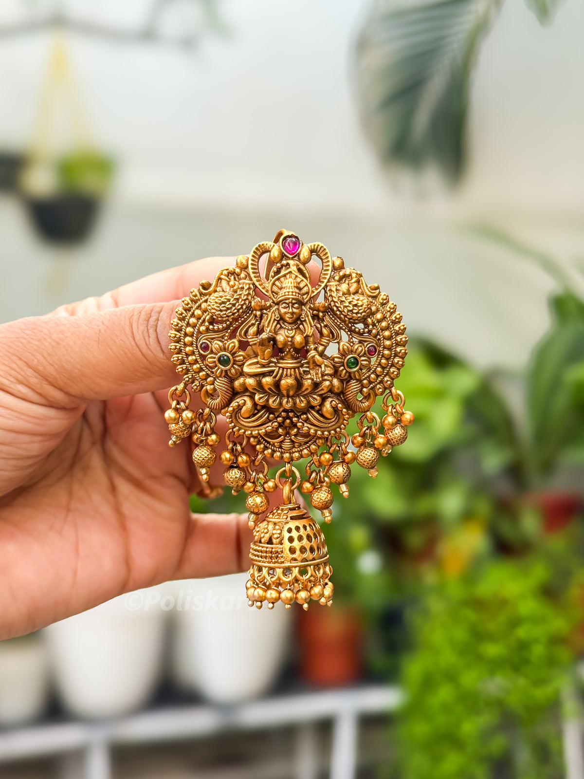 PK291 - Hair brooch - Golden beads worked Lakshmi design