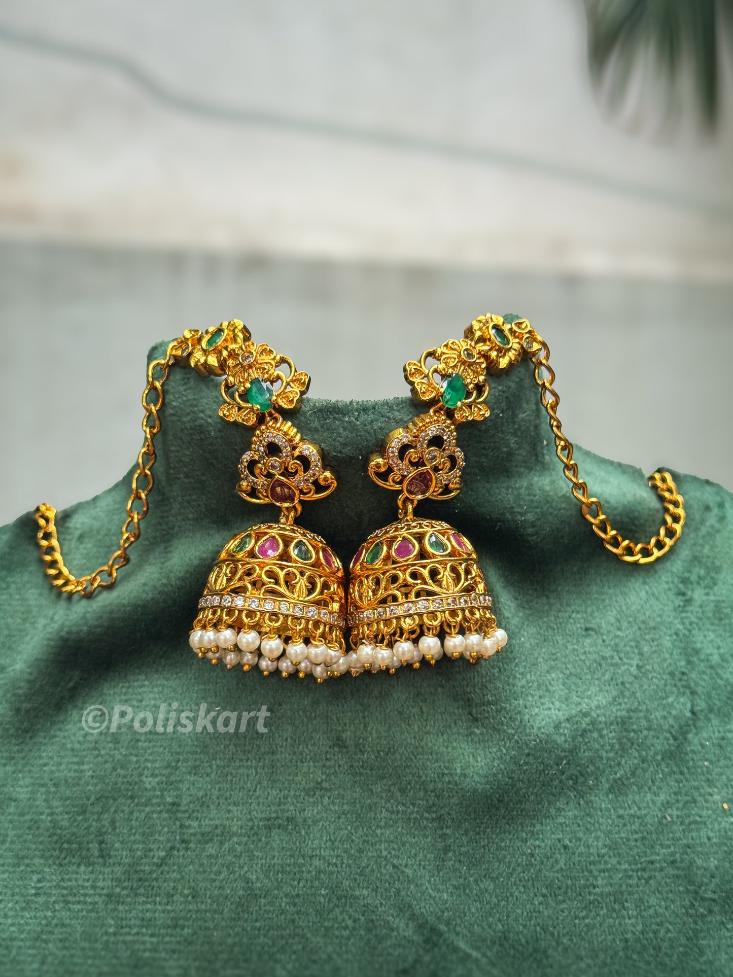 Green and ruby stone worked jhumka with ear chain