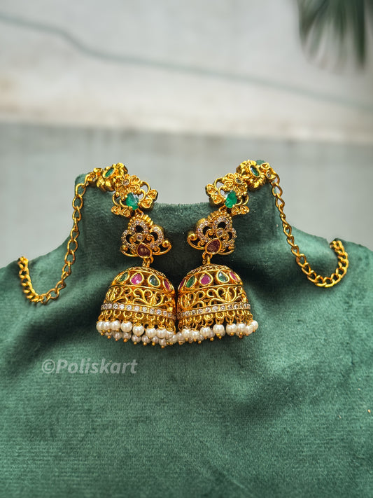 Green and ruby stone worked jhumka with ear chain
