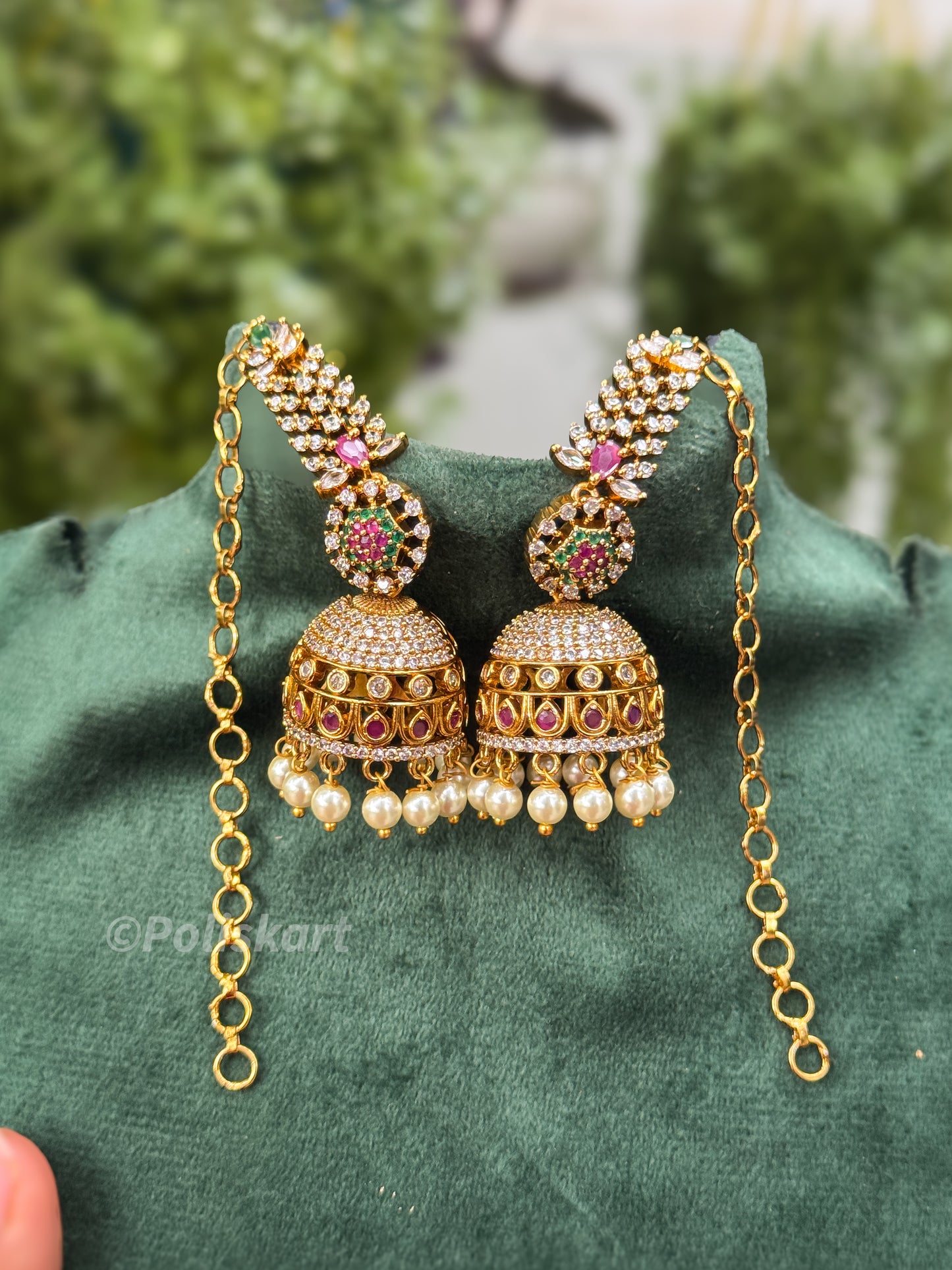 Trending Multicolor ruby stone worked jhumka with ear chain