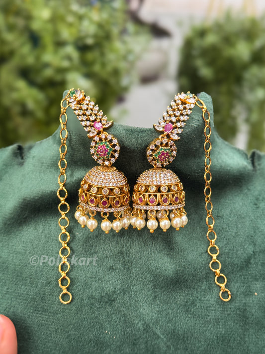 Trending Multicolor ruby stone worked jhumka with ear chain