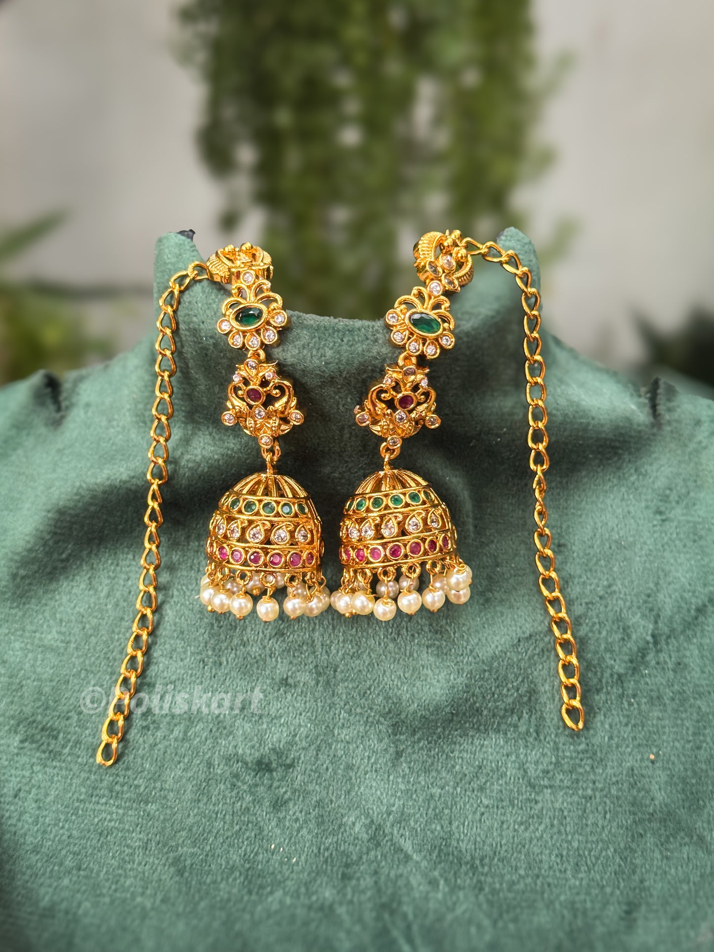 Classic Multicolor stone worked jhumka with ear chain