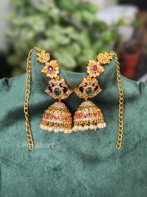 Flower design multicolor stone worked jhumka with ear chain
