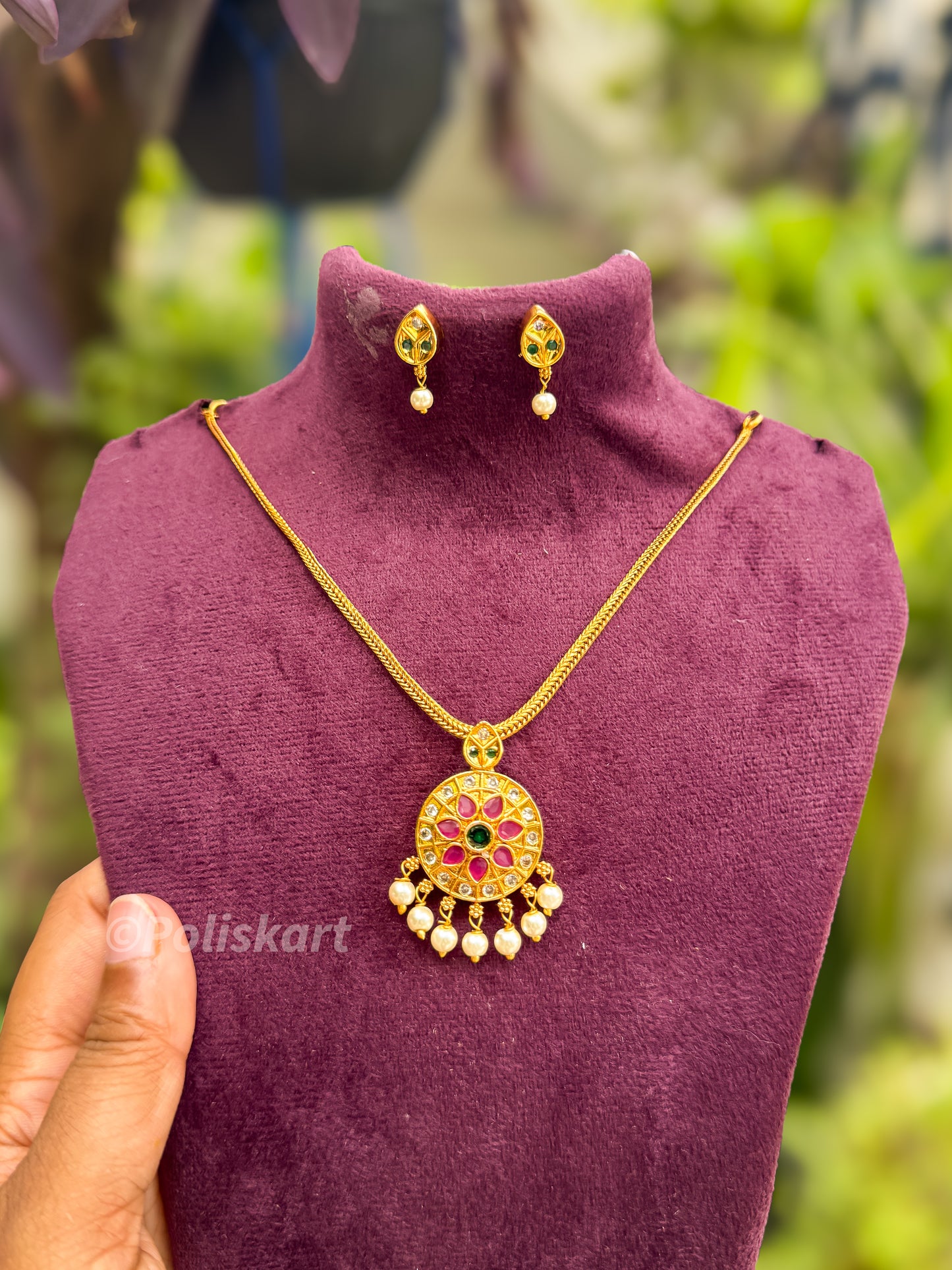 Ruby and green stone worked attigai with earing