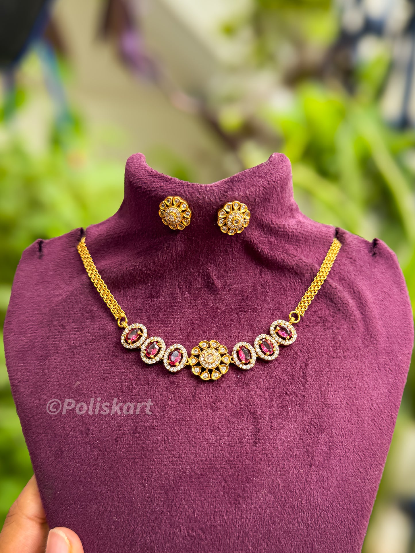 Ruby stone worked necklace with earing
