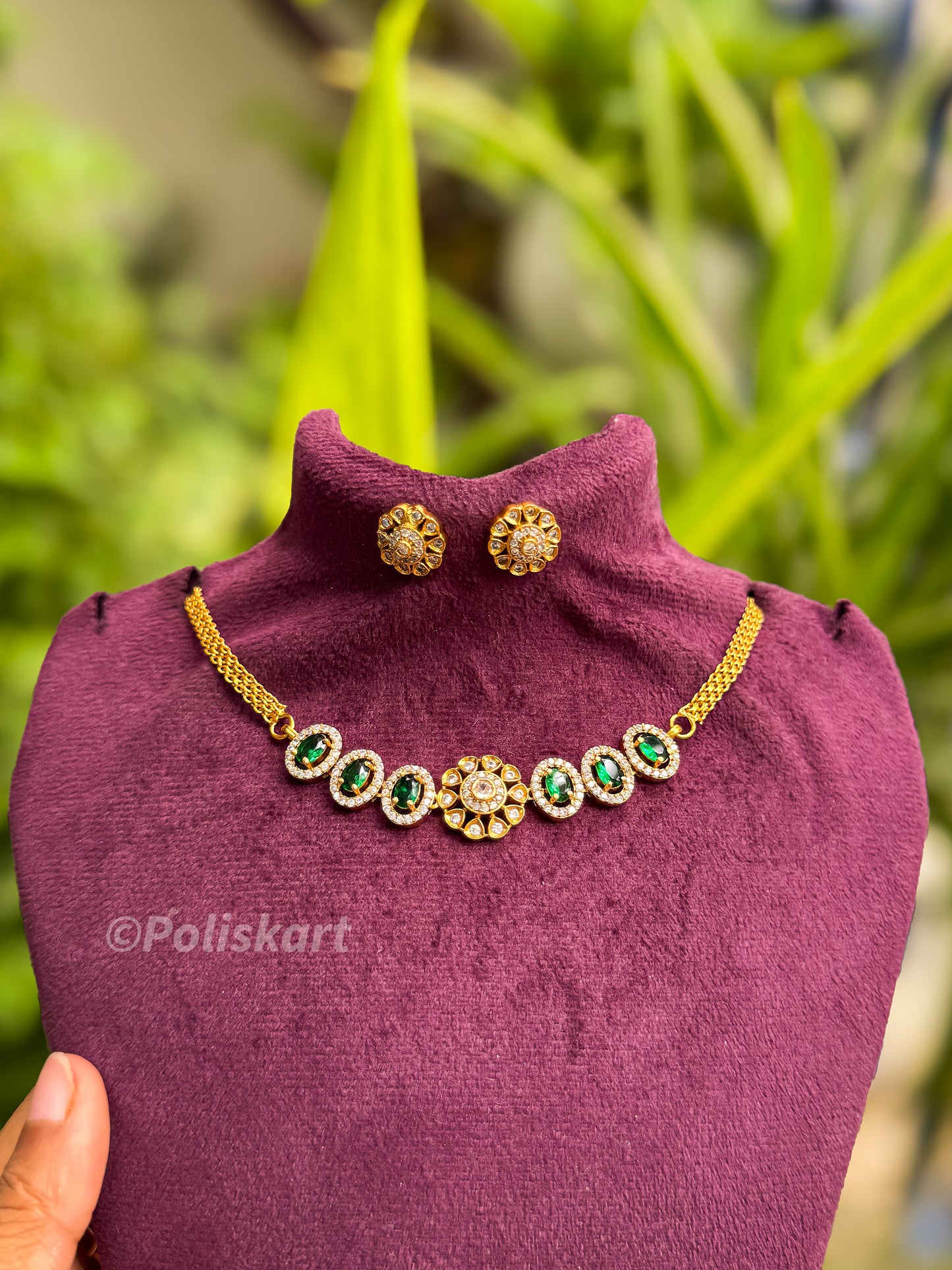 Green stone worked necklace with earing set