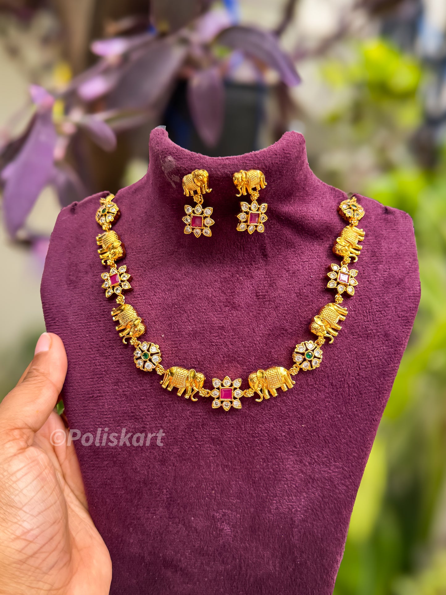 Elephant and stone worked necklace with earing