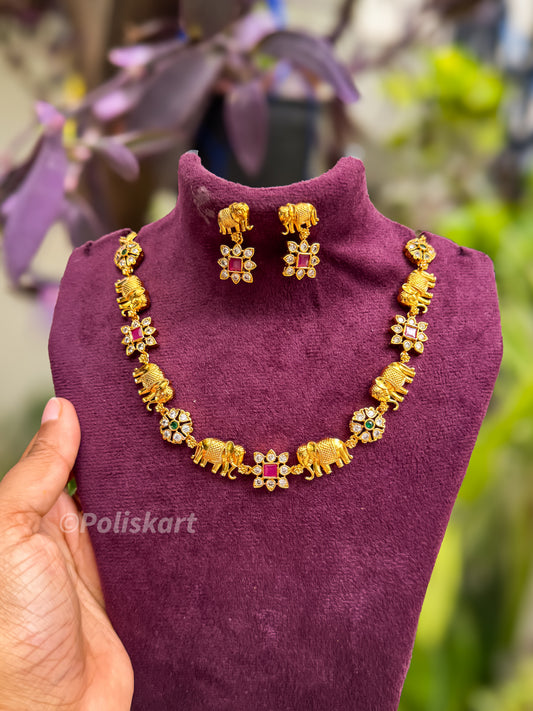Elephant and stone worked necklace with earing