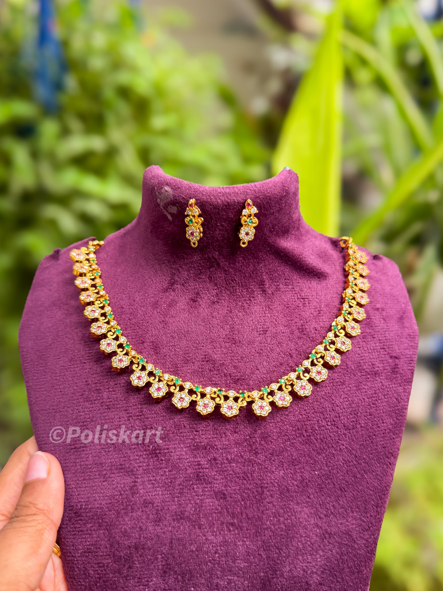 multi stone flower necklace with earing
