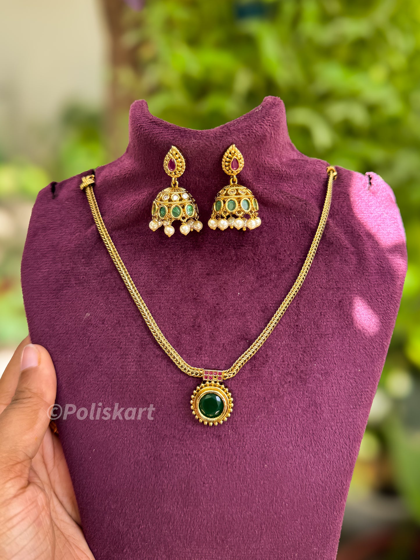 Green stone attigai with jhumka set