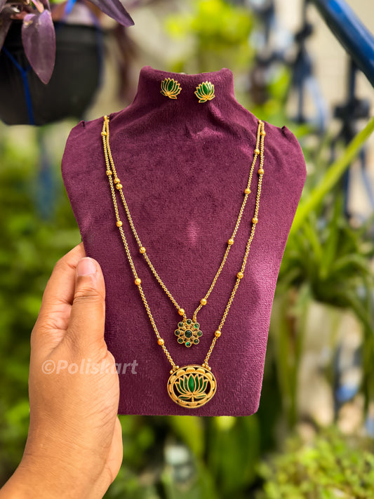 Double chain with lotus pendant with earing