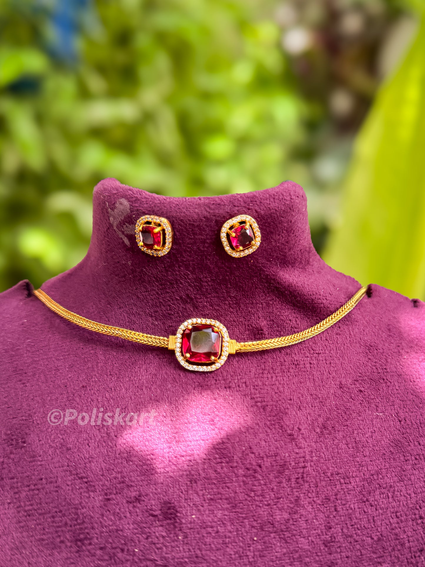 Ruby stone worked chocker with earing
