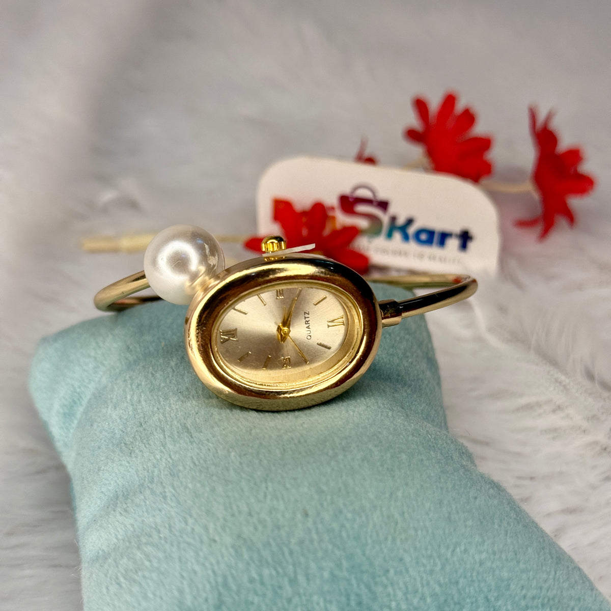 PK313 - Free size watch - oval white pearl worked design
