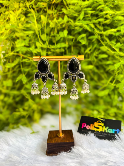 Black stone flower earring set