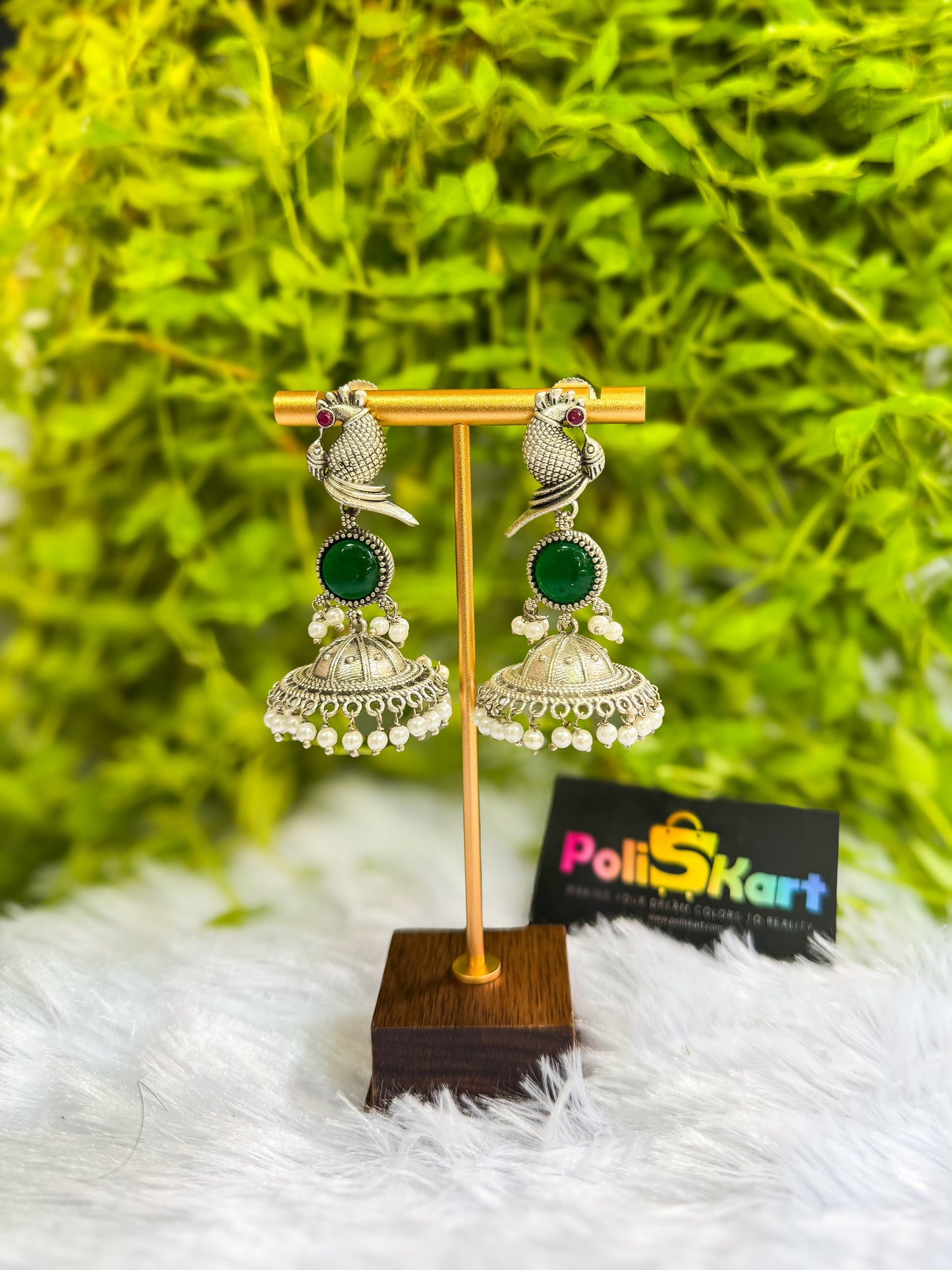Green stone peacock jhumka set