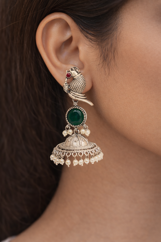 Green stone peacock jhumka set
