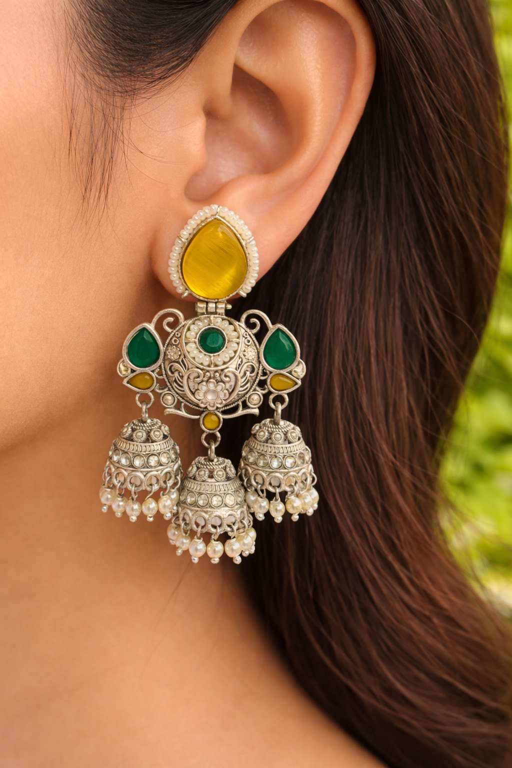 Yellow and green tripe jhumka set