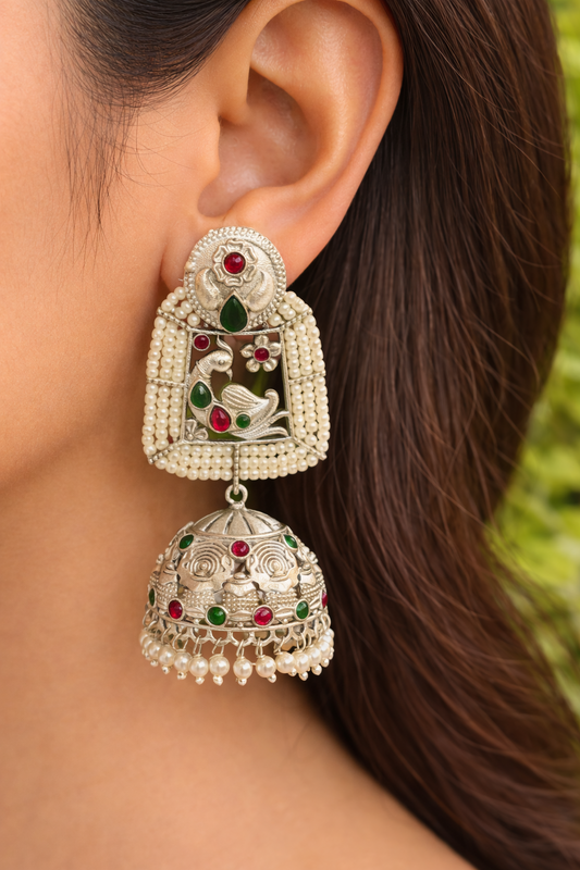 Beeds worked Peacock jhumka set